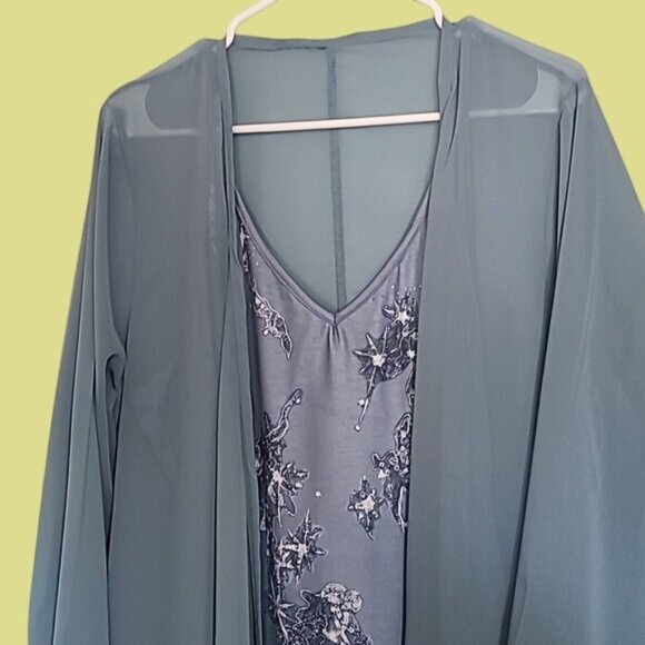 Two-Piece Womens Evening Dress & Sheer Long Overlay Duster V-Neck Embroidered Fl - Picture 2 of 11